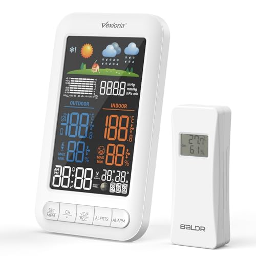 Vexloria Estação meteorológica analógica sem fios com sensor exterior, rádio relógio digital Dcf, termómetro interno, higrómetro de interior, preosticador de tempo, atualizar a versão branca