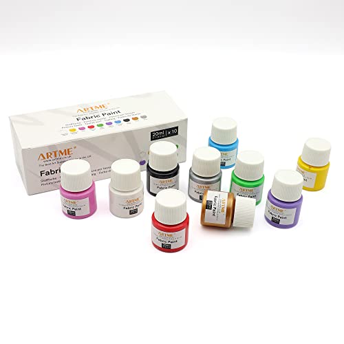 Artme Tintas para tecidos e tecidos 10 cores 20 ml x 10. Tinta acrílica para têxteis, resistente à lavagem, reciclar roupas, desenhar em bolsas, t-shirt tingida ou sapatilhas desportivas.