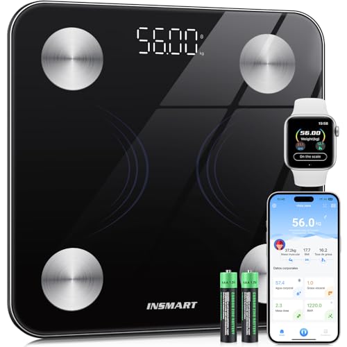 INSMART Bascula casa de banho, base oleosa corporal e muscular com ecrã LED, base com aplicação para Andriod e iOS, base inteligente controla 16 dados corporais, balança peso corporal peso máximo 180