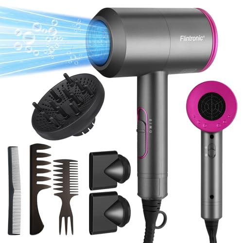 flintronic Secador de cabelo 4 em 1, secador de cabelo profissional iónico com proteção contra sobreaquecimento, 2000 W, 3 velocidades, 3 bocais e 2 difusores