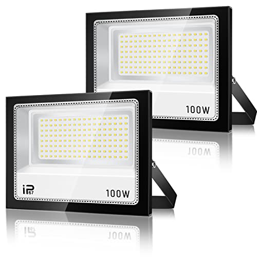 Foco LED para exterior, 100 W, 2 peças, 10000LM 7000 K projetor LED, IP67 impermeável 144 LEDs super brilhante, luz de segurança branca frio, luzes poderosas para jardim, garagem, pátio traseiro