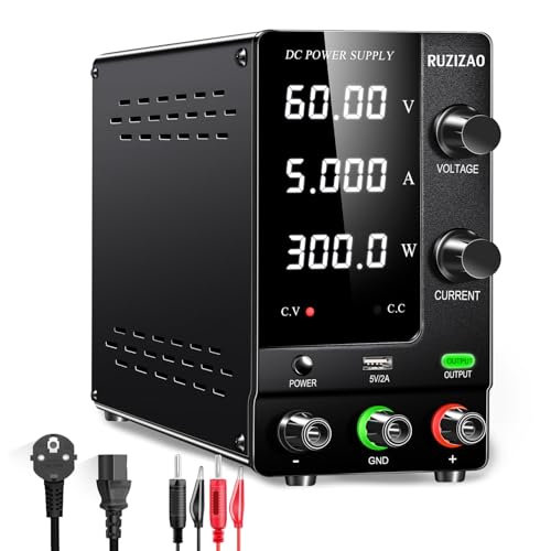 RUZIZAO Fonte de alimentação regulável 60 V 5 A, fonte de alimentação de laboratório com codificador e interruptor de saída, fonte de alimentação bancária ecrã LED de 4 dígitos e porta USB