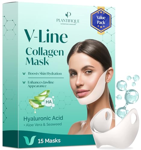 PLANTIFIQUE Máscara colagénio facial V-Line Lifting Mask - 15 máscara facial hidratante - porta-moedas para papa mulher e homens - Collagen Face Mask Chin Strap