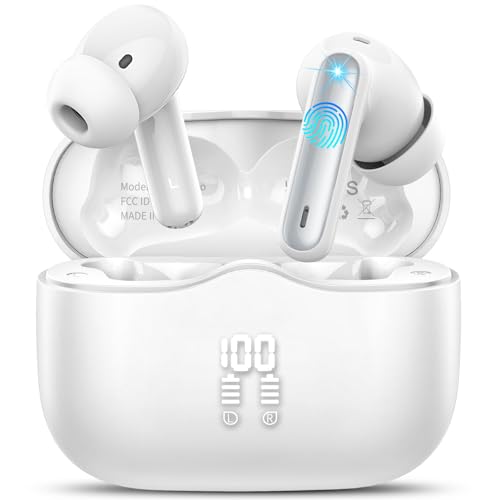 Auriculares sem fios Bluetooth, auriculares Bluetooth 5.3, 40H HiFi estéreo capacetes sem fios com 4 Mic, redução de ruído, IP7 impermeável auriculares com ecrã LED, carregamento rápido, branco