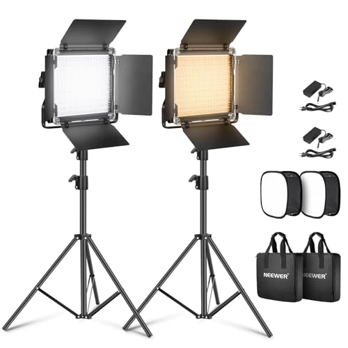 NEEWER 2 Pack Bicolor 660 painel LED luz vídeo e suporte Kit: 3200-5600K CRI 96 Iluminação contínua imável com U Bracket e Barndoor, 190 cm suporte de luz e difusor Softbox para estúdio fotográfico
