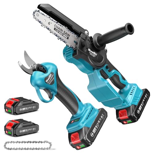 SEESII 6 polegadas mini serra de motocicleta e 33 mm tesouras de poder elétricas, 2 em 1 kit ferramentas de jardim com 2 × 2000 mAh baterias, motor Brushless, ideal para corte de troncos e ramos