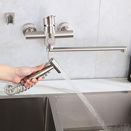 HomeLava Torneira de cozinha de parede de aço inoxidável 304 de qualidade alimentar com pistola de pulverização e cano giratório de 360°, processo escovado, cano 35 cm