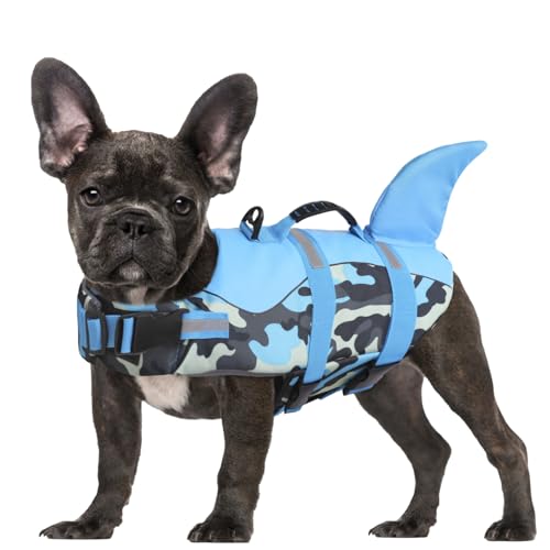 CITÉTOILE Colete de resgate de tubarão para cão pequeno e grande, ajustável, com alça, colete flutuante para animais de estimação, colete salva-vidas para animais para desportos aquáticos, camuflagem