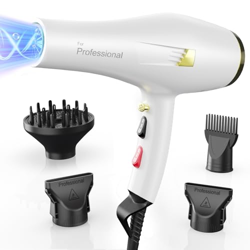 Dekuri Secador de cabelo profissional, secador de cabelo ion, sem crescimento, secagem rápida sala de estar secador de cabelo com difusor e bicos, 3 temperaturas e 2 velocidades para mulheres e homens