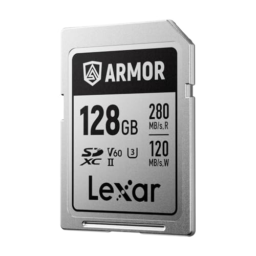Lexar Armor Silver Pro cartão SD de 128 GB, cartão de memória SD UHS-II, aço inoxidável, C10, U3, V60, vídeo 6K UHD, até 280 MB/s de leitura, 120 MB/s de escrita, cartão SDXC para DSLR/câmaras