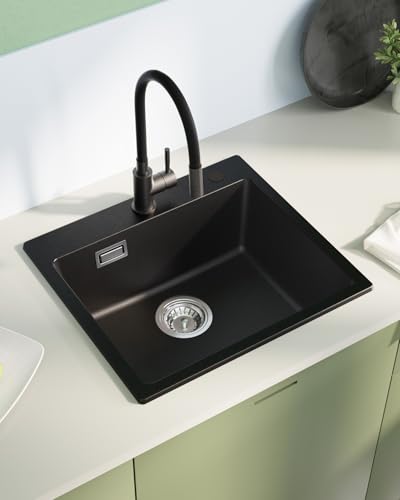 Sofetiy Pia de cozinha em granito preto, 50 x 45 cm, preto, retangular, de granito, moderno conjunto de pia, com 2 orifícios para torneira, 1 lavatório