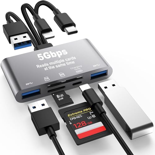 Adaptador USB OTG e leitor de cartões de memória SD, 5 em 1, para iPhone/iPad, dispositivos USB C e USB A com ranhuras para cartões micro SD e SD, suporta SDHC/SDXC/MMC