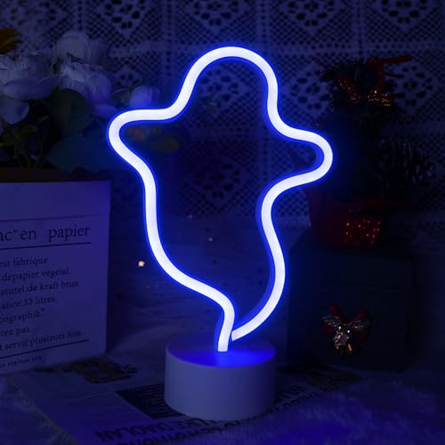 Letreiro de néon fantasma para decoração de Halloween com base, sinal de luz de néon LED de Halloween, candeeiro em forma de fantasma com bateria ou alimentação USB para festa de Halloween, bar