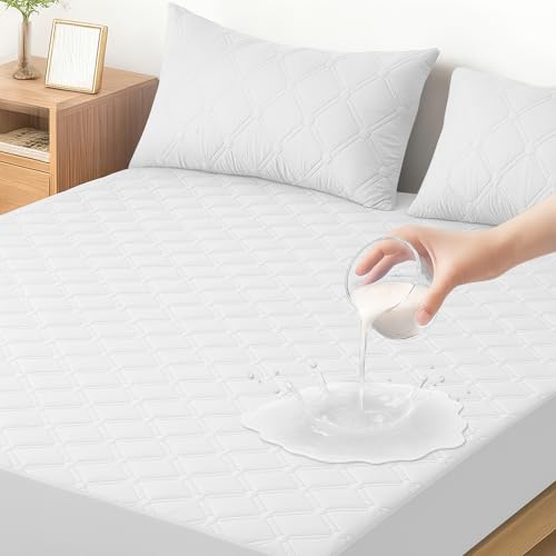 Ystyle Protetor de colchão impermeável, 180 x 200 cm, capa de colchão anti-ácaros anti-riscos, elástico em todo o contorno, cobertura de colchão hipoalergénico, para altos de 30 cm, branco