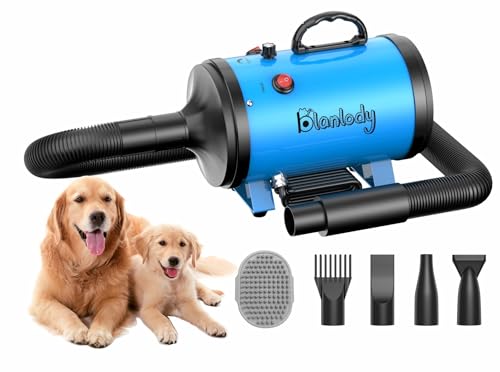 Blanlody Secador de cabelo para cães Blower muito silencioso 4,5 cv / 3200 W motor de velocidade ajustável, para cuidados com cães com 4 boquilhas diferentes mangueira elástica e escova de cuidados