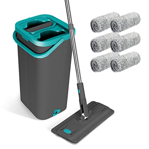Masthome Conjunto de esfregona com balde, roupa plana com cabo de aço inoxidável de 144 cm e 6 almofadas laváveis, cubos de limpeza a seco e húmido, para pavimentos de madeira rígida e laminada, azul