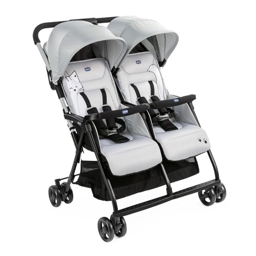 Chicco OHlalà - Carrinho duplo duplo duplo de 0 meses a 15 kg, carrinho leve reclinável e dobrável, apoio para os pés ajustáveis, cobertura de chuva e capa extensível Silver Cat, cinzento