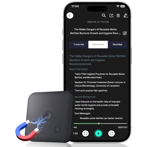 Gravador de voz AI 64 GB - 1800 minutos grátis/mês transcrição e resumo automático com ChatGPT 4o, suporte para 102 idiomas, controlo por aplicativo, ideal para aulas, reuniões, entrerevistas e