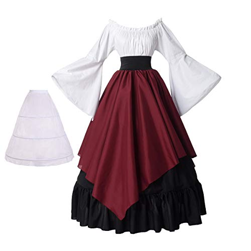 BPURB Vestido medieval para mulher, fantasia renascentista (parte superior, saia e saiote), preto/vermelho, S