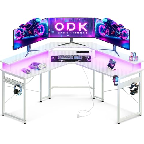 ODK Mesa de jogos com LED, mesa de jogos com 2 tomadas e 2 portas USB, com ampla superfície para monitor, secretária Gamer em fibra de carbono branco, 129 x 129 cm