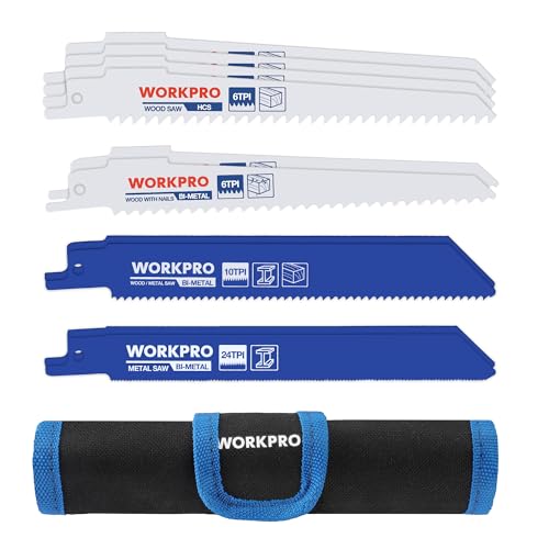 WORKPRO Lâminas de serra sabre 10 peças, lâminas BIM/HCS para madeira e metal, acessórios de serra de sabre com saco de armazenamento