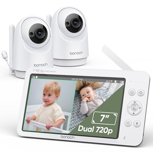 bonoch 7" Vigilante para bebés com 2 câmaras, 720P câmara de vigilância para bebé, monitor de bebés com câmara sem WiFi, ecrã vidido, bateria 6000 mAh, suporta 4 câmaras, modo VOX, visão noturna, PTZ