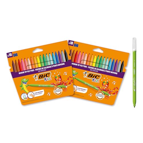 BIC Kids Kid Couleur, marcadores de cores para crianças, cores atraentes, ideal para material escolar, 2 embalagens de 18
