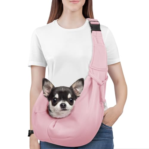 Pawaboo Mala de tiracolo para cães, transporte para cães mala de ombro portátil com trela ajustável para animais de estimação gatos menos de 5,5 kg, mala de ombro cães transporte viagem cães, rosa