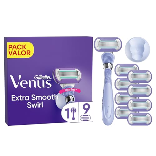 Venus Gillette Deluxe Smooth Swirl, máquina de mulher, 1 pega 9 peças de substituição, lâminas de barbear para mulher, para uma remoção suave, púrpura e duradoura