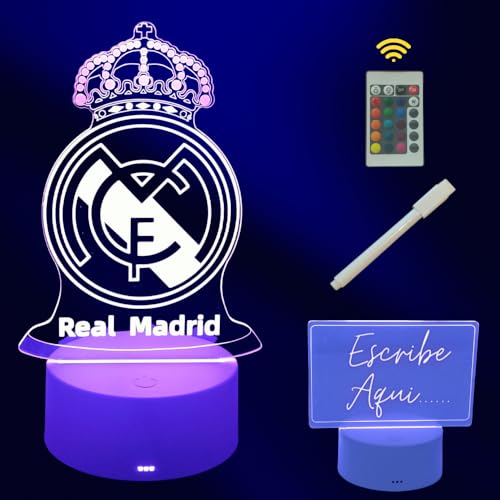 Cool&Cute Candeeiro led mesa de cabeceira R Madrid com 2 telas e 16 cores de luz- real madrid presentes- luz tira-medos - coisas de futebol para crianças- candeeiro escudo madrid