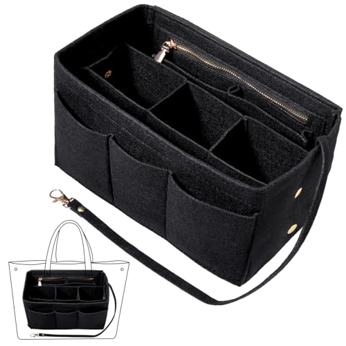 Organizador de mala de feltro, mala interior organizador com vários compartimentos e fecho, inserções de malas, organizador de mala para iPad, cosméticos, guarda-chuva, chaves (L, preto)