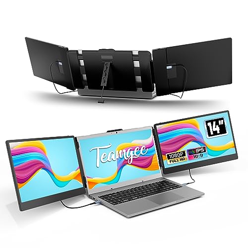 Teamgee Monitor portátil, 14" FHD 1080P IPS Extensor de ecrã para portátil com suporte incorporado, dois altifalantes HDMI/USB-A/tipo-C Plug and Play de 13 polegadas - 17 polegadas (Mac, Wins,