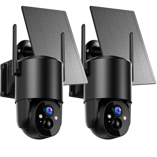 2 peças câmara de vigilância WiFi exterior solar: 2 K câmaras de vigilância sem fios 360 ° PTZ câmara Wi-Fi exterior bateria domicílio câmaras de segurança sem fios com visão noturna cor sereia