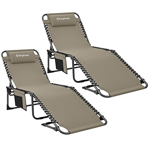 KingCamp Conjunto de 2 espreguiçadeiras dobrável portátil dobrável dobrável com almofada e bolso lateral, espreguiçadeira, carga respirável de 120 kg, ajustável em 4 posições, para viagens de campismo