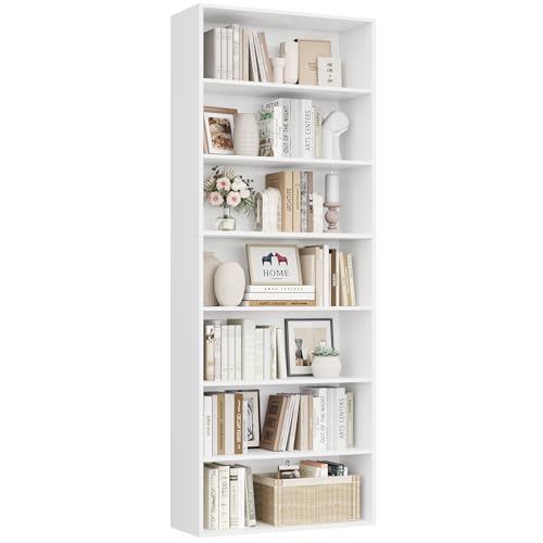 FirFurd 209,5 cm, prateleiras de armazenamento de madeira, livraria com 7 bordas, prateleiras livros, livraria estante, para sala de estar, estúdio, quarto (branco)