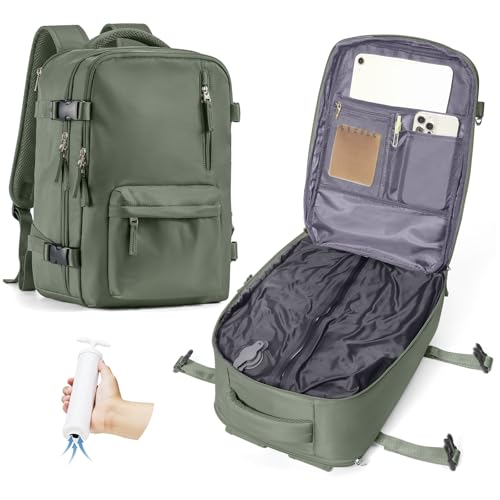VECAVE Mochila de viagem a vácuo com bomba - 40 x 20 x 25 cm (cabine Ryanair), A3-verde, Mochila a vácuo