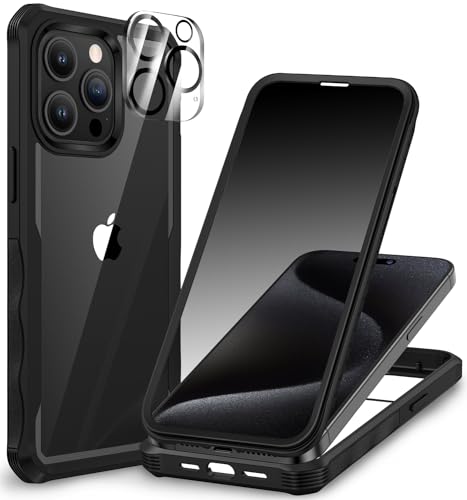 CENHUFO Anti-espia capa iPhone 15 Pro, com protetor de ecrã em vidro temperado 9H anti-espiões e protetor de câmara [9H HD] capa anti-impactos 360 graus transparente dupla camada privacidade case -