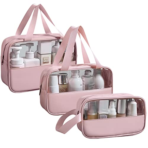 LEcylankEr Neceser transparente 3 peças, saco de higiene PVC impermeável para mulher, precisa de maquilhagem portátil para viagens, casa de banho, ROSA, Transparente