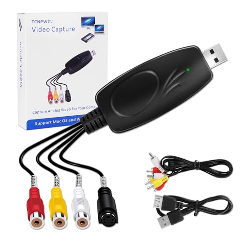 TCNEWCL Gravador de vídeo cartão de captura de vídeo USB 2.0 transfere Hi8 VHS para DVD digital para Windows/Mac, capturador de áudio vídeo com cabo de extensão AV