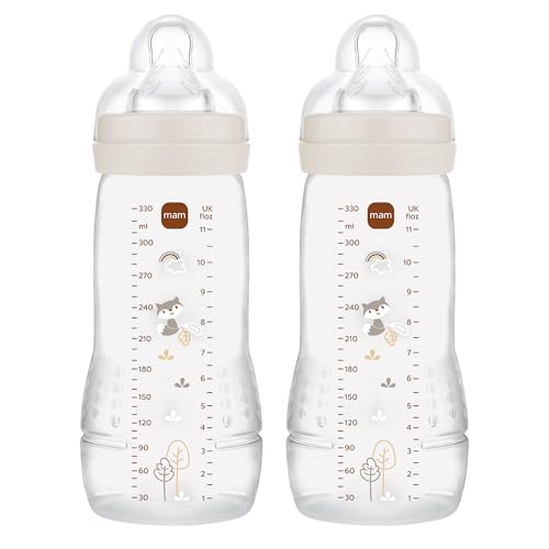 MAM Embalagem de 2 bibões, a partir de 4 meses, 330 ml, com Tetina 3 de fluxo rápido de silicone de fácil aceitação, fácil de segurar, fácil de limpar, MAM Easy Active, neutro brilhante, pack de 2