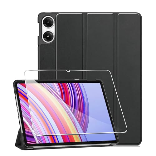 Capa para Redmi Pad Pro 5G/ 4G / Xiaomi Poco Pad 12,1 polegadas + 1 pack vidro temperado com função de suporte, anti-riscos protetor case função - preto