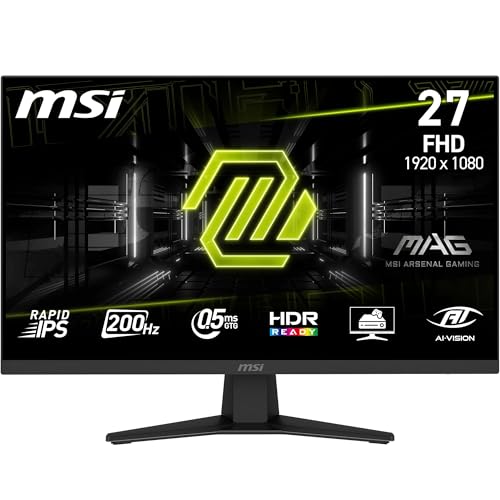 MSI mag 274F, 27", FHD, 1920x1080, monitor de jogo, Rapid IPS, 200 Hz, 0,5 ms, HDR Ready, cuidado dos olhos, HDMI 2.0b, DP 1,2 a, sem molduras, ajustável em inclinação, suporte Vesa, tamanho Preto