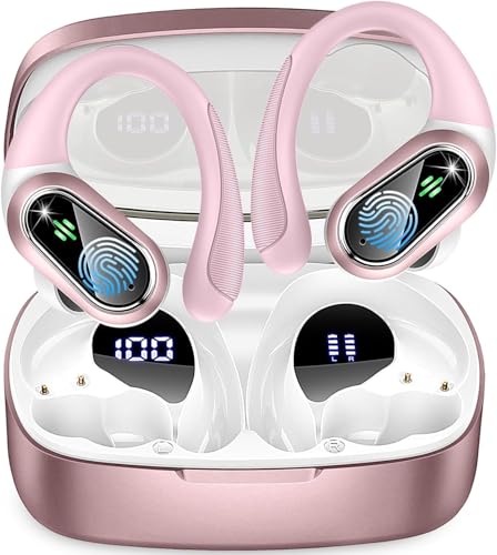Auriculares sem fios desportivos, auriculares Bluetooth 5.3 com HD Mic e cancelamento de ruído ENC, ecrã LED, 50H capacetes sem fios Bluetooth HiFi estéreo para desportos, IP7 impermeável, rosa
