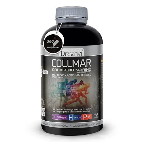 DRASANVI Colágeno marinho hidrolizado com ácido hialurónico e magnésio, vitamina C natural, para cartilagens, ossos e pele, alta dose 3,900 mg/dia, 360 comp = 60 dias, sabor baunilha