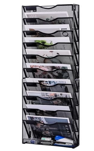Solinxe Revisteiro de parede metálica 14 níveis - organizador de secretária de documentos A4, arquivador de escritório com bandeja, suporte de revistas e pastas pendentes para casa / escola (preto)