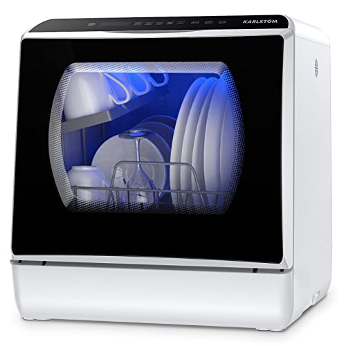 Karlxtom Lava-louças na bancada, mini máquina de lavar louça, portátil, ecrã LED, 6 programas, dois modos de abastecimento de água, cuidados com bebés e lavagem de frutas, 45 cm