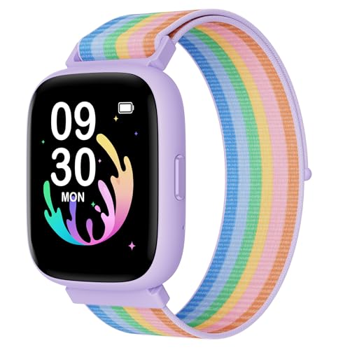 BIGGERFIVE Pulseira atividade meninas 5-16, 1,8" relógio inteligente podómetro, frequência cardíaca, resistente à água 5 ATM, monitor de sono, despertador, jogos de quebra-cabeças com/sem App, nylon