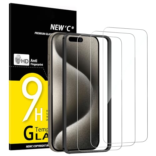 NEW'C 3 peças, protetor de ecrã para iPhone 15 Pro Max (6,7 polegadas), vidro temperado com ferramenta de instalação fácil incluída, anti-riscos, anti-impressões digitais, dureza 9H, ultra resistente