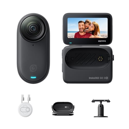 Insta360 GO 3S Preto (128 GB) Câmara Vlogging 4K, POV mãos livres, monte-a onde quiser, estabilização, 140 min de bateria, impermeável 10 m, edição IA, Apple Find My, Vlog, viagens, exterior