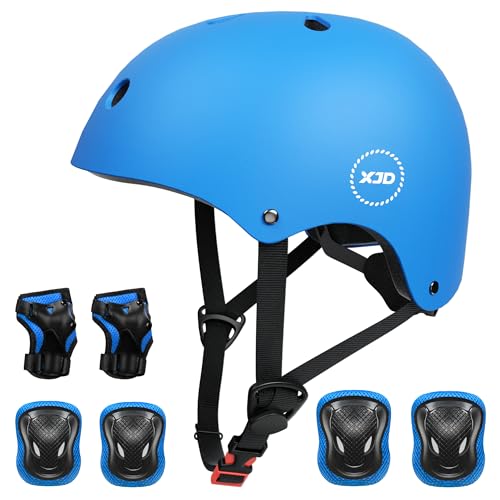 XJD Capacete de ciclismo para crianças e proteção infantil inclui joelheiras cotoveleiras e pulseiras ajustáveis 7 peças para patins skate skate ciclismo crianças dos 3 aos 13 anos